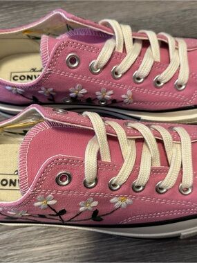 Converse Pink Low Top Sneakers with Embroidered Floral